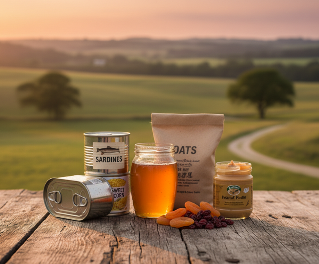 Réserve alimentaire sur table en bois : sardines, flocons d'avoine, miel, fruits secs et beurre de cacahuètes